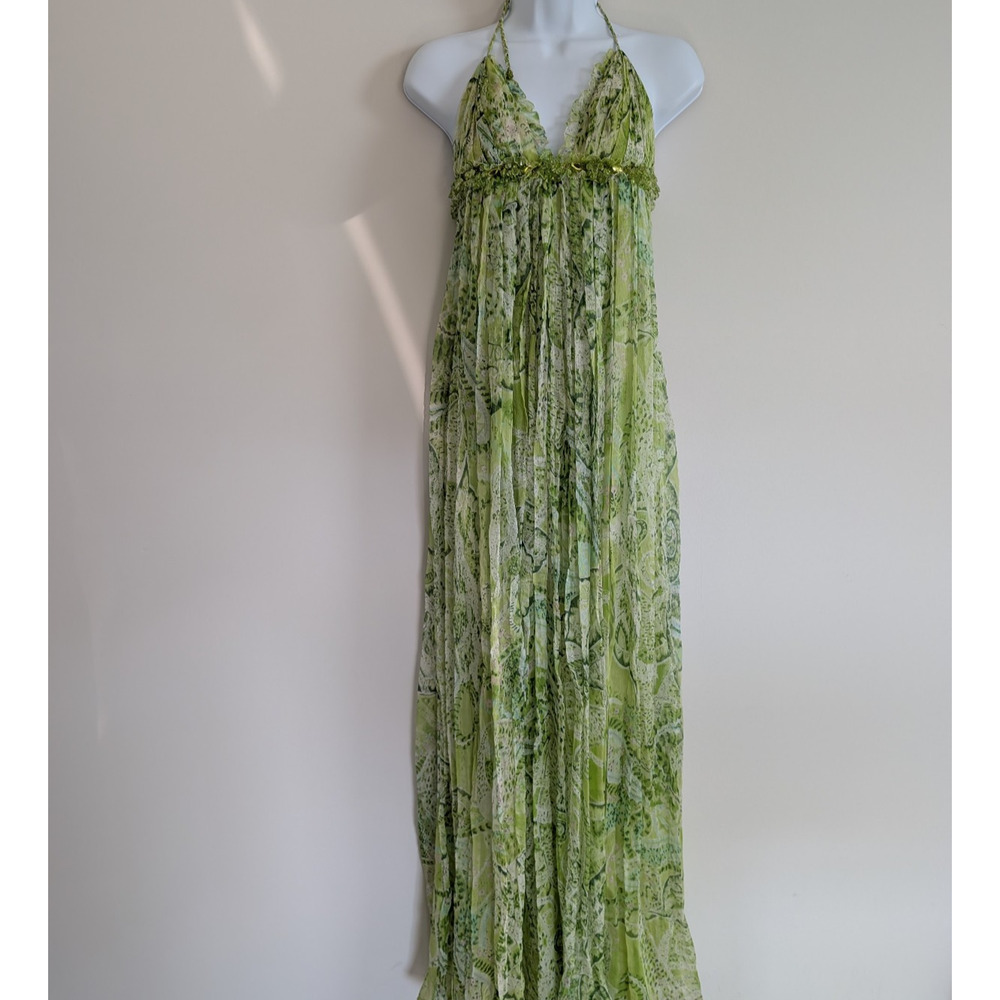 Niteline Maxi Dress Womens 2 Silk Prom Glam Fairy Babydoll Halter Beaded Green